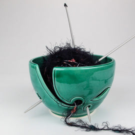 Emerald Green Yarn Bowl Leaves Knitting Bowl Ceramic Porcelain Yarn Holder