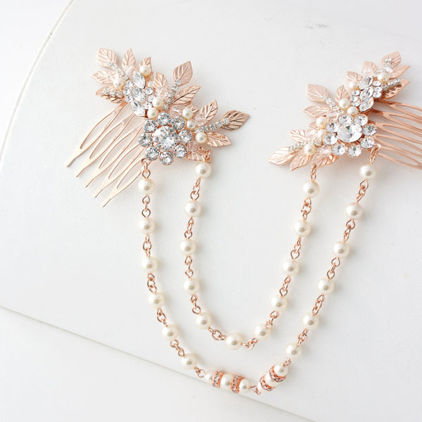 Rose Gold Hair Chain Wedding Headpiece Pearl Draped Bridal  display picture 2
