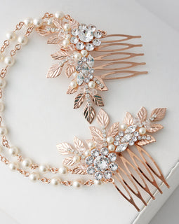 Rose Gold Hair Chain Wedding Headpiece Pearl Draped Bridal Hair Comb Set Leaf Head Piece Leaf Hair Vine Bridal Hair Accessory Anwen