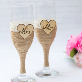 Wedding Glasses Champagne Flutes Burlap Glasses Rustic Toasting Glasses