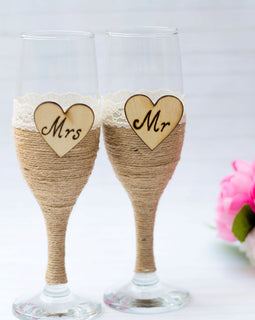 Wedding Glasses Champagne Flutes Burlap Glasses Rustic Toasting Glasses